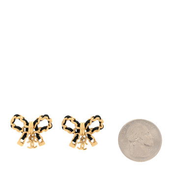 CHANEL Lambskin Chain Bow Stud Earrings Black Gold