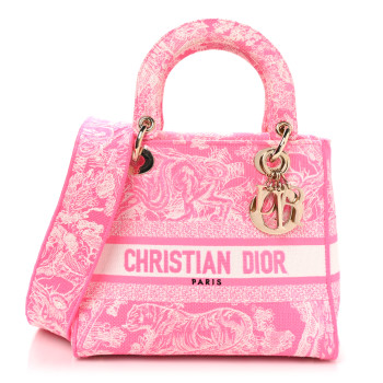 CHRISTIAN DIOR Canvas Toile De Jouy Reverse Embroidered Medium Lady D-Lite Fluorescent Pink