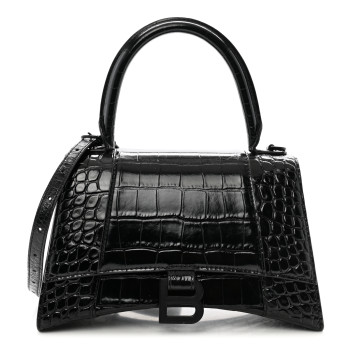 BALENCIAGA Shiny Calfskin Monochrome Crocodile Embossed Small Hourglass Top Handle Bag Black