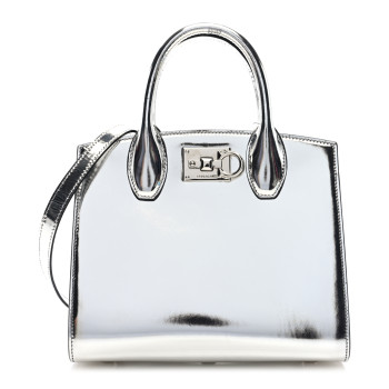 SALVATORE FERRAGAMO Metallic Calfskin Small The Studio Box Bag Argento