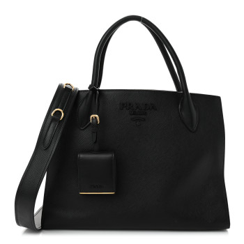 PRADA Saffiano Cuir Calfskin Medium Monochrome Top Handle Tote Black
