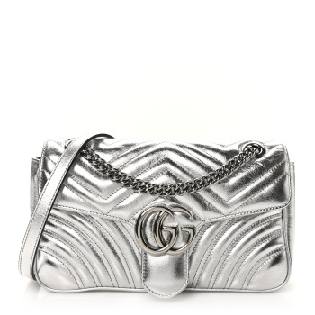GUCCI Metallic Calfskin Matelasse Small GG Marmont Shoulder Bag Silver