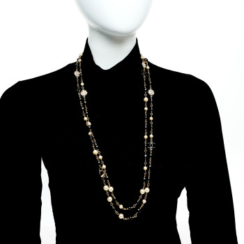 CHANEL Pearl Crystal Bead CC Long Necklace Black Gold
