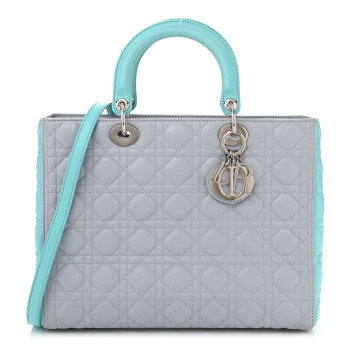 CHRISTIAN DIOR Lambskin Cannage Large Lady Dior Grey Turquoise