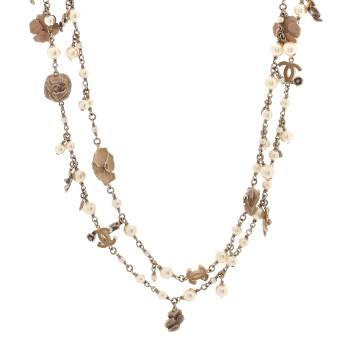CHANEL Pearl Enamel CC Camellia Long Necklace Gold Beige Pink