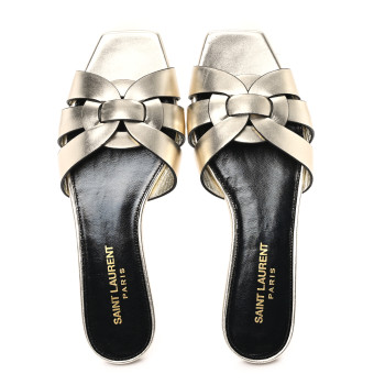 SAINT LAURENT Metallic Calfskin Nu Pied 05 Slide Sandals 35 Platino