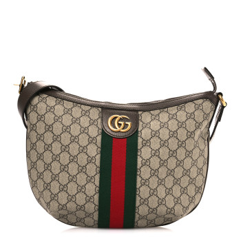 GUCCI GG Supreme Monogram Web Small Ophidia Half Moon Hobo Beige Ebony New Acero