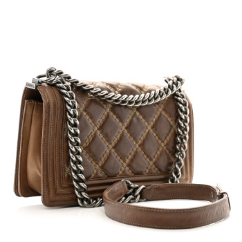 CHANEL Iridescent Calfskin Embellished Double Stitch Medium Boy Flap Light Brown