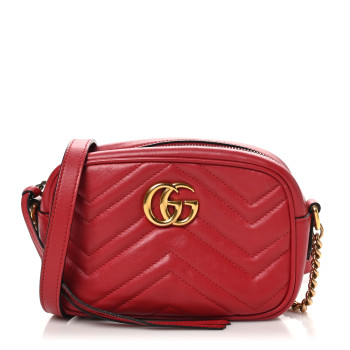 GUCCI Calfskin Matelasse Mini GG Marmont Chain Shoulder Bag Hibiscus Red