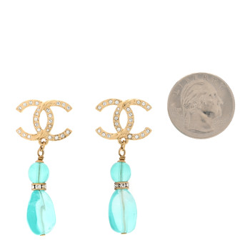 CHANEL Crystal Stone CC Drop Earrings Blue Gold