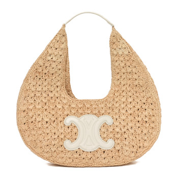 CELINE Raffia Calfskin Triomphe Panier Hobo Bag Natural White
