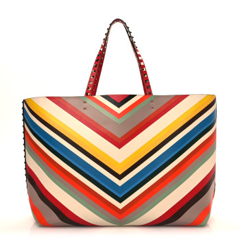 VALENTINO GARAVANI Calfskin Striped Large Rockstud Tote Red Multicolor
