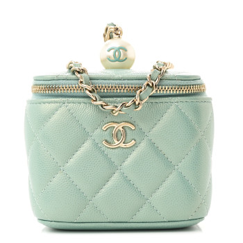 CHANEL Iridescent Caviar Quilted Mini Pearl On Top Vanity Case With Chain Green