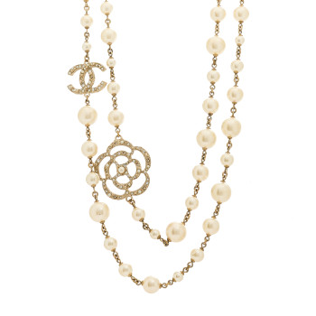 CHANEL Pearl Crystal Camellia CC Necklace Gold