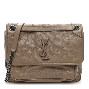 SAINT LAURENT Crinkled Calfskin Matelasse Monogram Medium Niki Chain Satchel Dusty Grey
