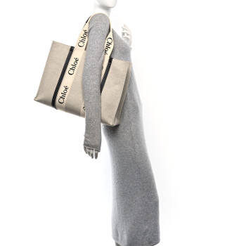 CHLOE Cotton Calfskin Large Woody Ribbon Tote White Blue