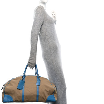 PRADA Canvas Calfskin Duffle Beige Blue