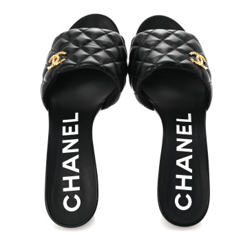 CHANEL Lambskin Quilted Textured CC Mules 38 Black