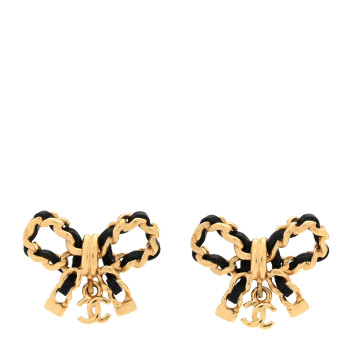 CHANEL Lambskin Chain Bow Stud Earrings Black Gold
