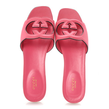 GUCCI Cosmos Softy Calfskin Interlocking G Cut Out Slide Sandals 40 Rhodamine Pink