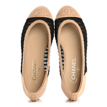 CHANEL Raffia Cap Toe Ballerina Flats 37.5 Black Beige