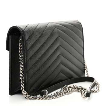 SAINT LAURENT Grain De Poudre Matelasse Chevron Monogram Envelope Chain Wallet Black