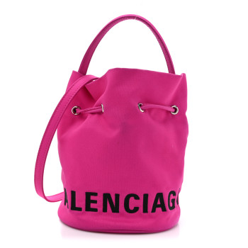 BALENCIAGA Recycled Sport Nylon Logo Embroidered Wheel Drawstring Bucket Bag XS Fuchsia Black