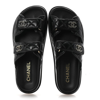 CHANEL Lambskin Quilted Velcro Dad Chain CC Slide Sandals 37.5 Black