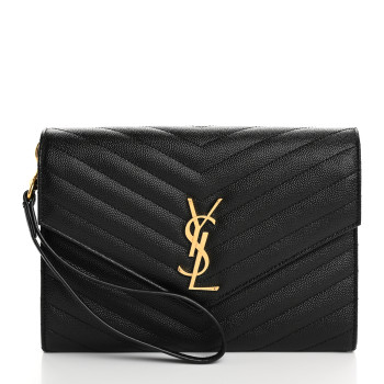 SAINT LAURENT Grain De Poudre Matelasse Chevron Monogram Envelope Clutch Black
