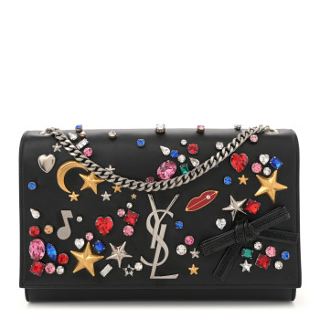 SAINT LAURENT Calfskin Embellished Medium Monogram Kate Satchel Black