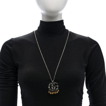 GUCCI Metal Crystal Double G Bell Fringe Pendant Necklace Gold Silver