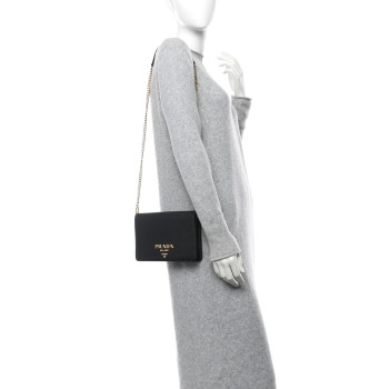 PRADA Saffiano Lux Metal Logo Mini Chain Flap Crossbody Bag Black