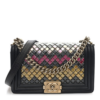CHANEL Lambskin Tile Embroidered Medium Brasserie Mosaic Boy Flap Black Multicolor