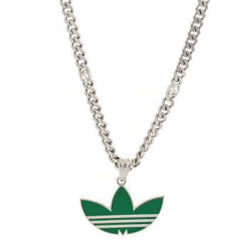 GUCCI X ADIDAS Enamel Trefoil Gourmette Pendant Necklace Silver Green