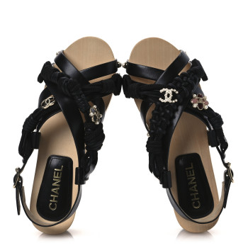 CHANEL Calfskin Cord Pearl CC Sandals 38 Black CHANEL Calfskin Cord Pearl CC Sandals 38 Black