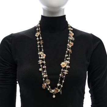 CHANEL Pearl Enamel CC Camellia Long Necklace Gold Beige Pink