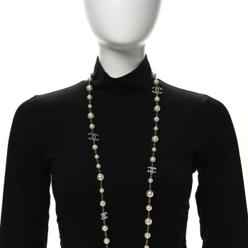 CHANEL Graduated Pearl Crystal CC Long Necklace Silver