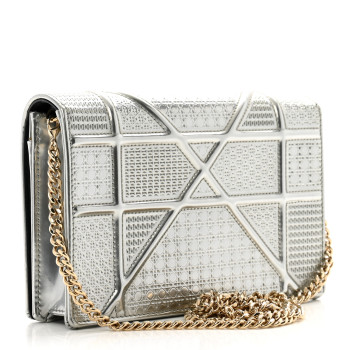 CHRISTIAN DIOR Metallic Patent Micro-Cannage Diorama Wallet on Chain Pouch Silver