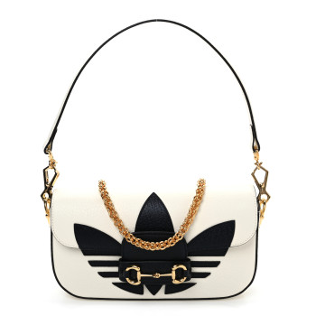 GUCCI X ADIDAS Textured Dollar Calfskin Web Small Trefoil Horsebit 1955 Shoulder Bag White