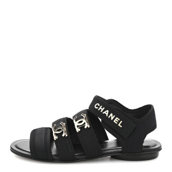CHANEL Fabric Metal CC Logo Flat Sandals 36.5 Black