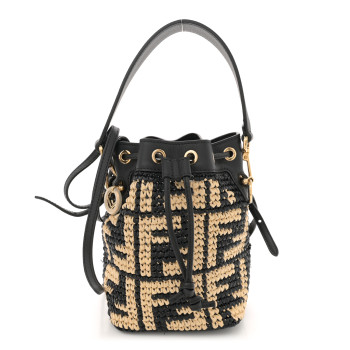 FENDI Raffia Vitello Seta F is Fendi FF Woven Mini Mon Tresor Bucket Bag Black Natural