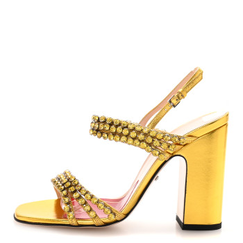 GUCCI Nappa Silk Crystal Bertie High Heel Sandals 37.5 Gold