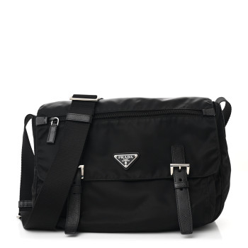 PRADA Tessuto Nylon Saffiano Double Buckle Messenger Shoulder Bag Black