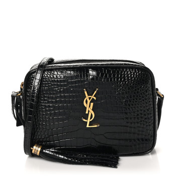 SAINT LAURENT Patent Calfskin Crocodile Embossed Monogram Lou Camera Bag Black