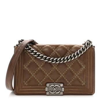 CHANEL Iridescent Calfskin Embellished Double Stitch Medium Boy Flap Light Brown