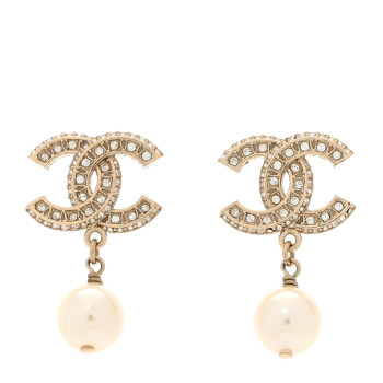 CHANEL Crystal Pearl CC Drop Earrings Gold