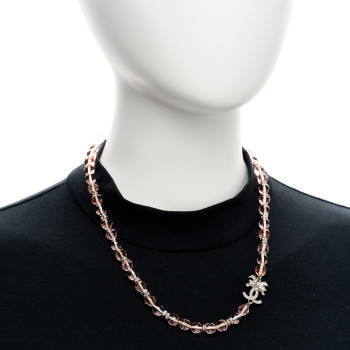 CHANEL Resin Bead Crystal CC Bow Drop Choker Necklace Pink Silver