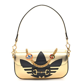 GUCCI X ADIDAS Textured Dollar Calfskin Web Trefoil Horsebit 1955 Shoulder Bag King Gold Black