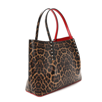 CHRISTIAN LOUBOUTIN Calfskin Empire Leopard Print Spiked Small Cabarock Shopper Tote Brown