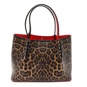 CHRISTIAN LOUBOUTIN Calfskin Empire Leopard Print Spiked Small Cabarock Shopper Tote Brown